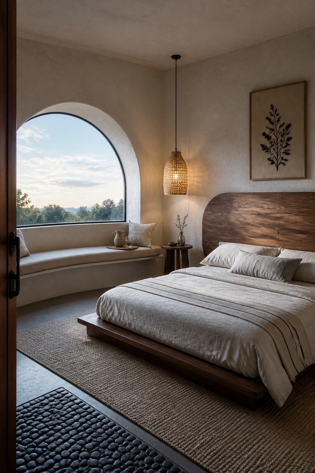 A bedroom interior with a low platform bed, an arched window above a curved built-in bench, and a woven pendant light.