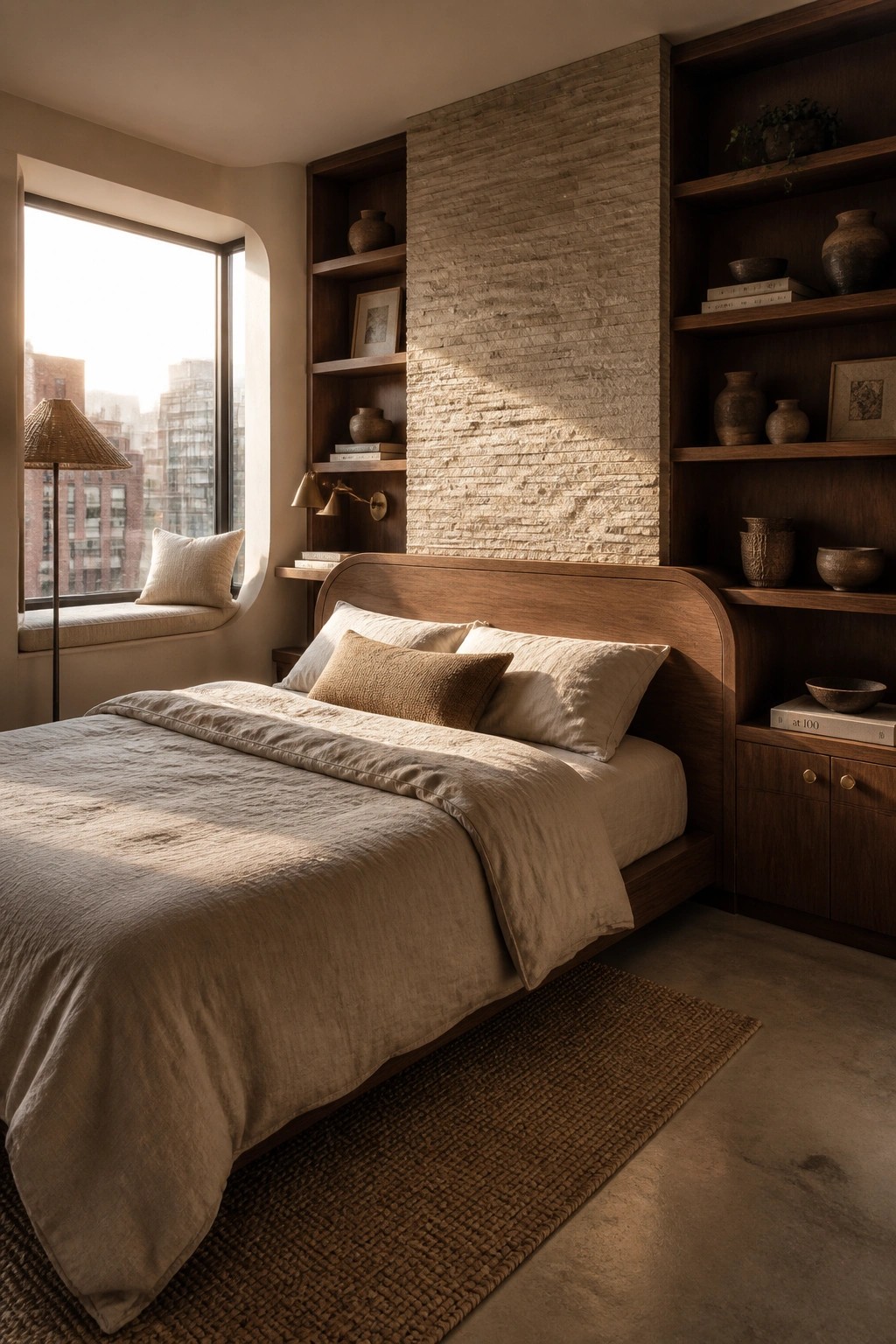 A modern bedroom featuring a wooden bed with linen bedding positioned in front of built-in dark wood shelving that frames a central stone accent wall.