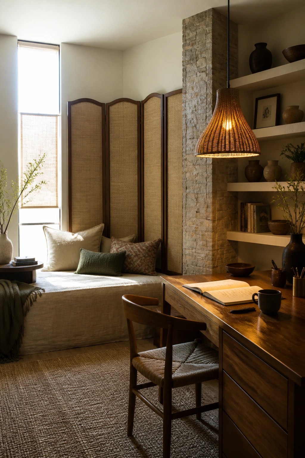 A bedroom interior showing a wooden desk beside a window seat, with a stone pillar, woven room divider, and a large woven pendant light overhead.