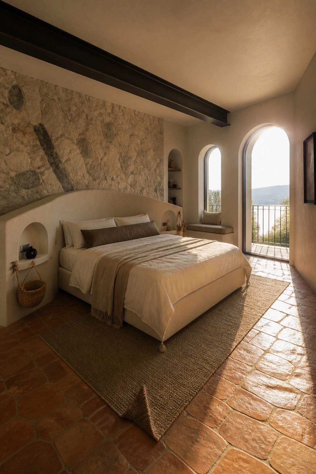 A bedroom with a curved upholstered bed against a stone wall, arched windows, and terracotta tile floor.