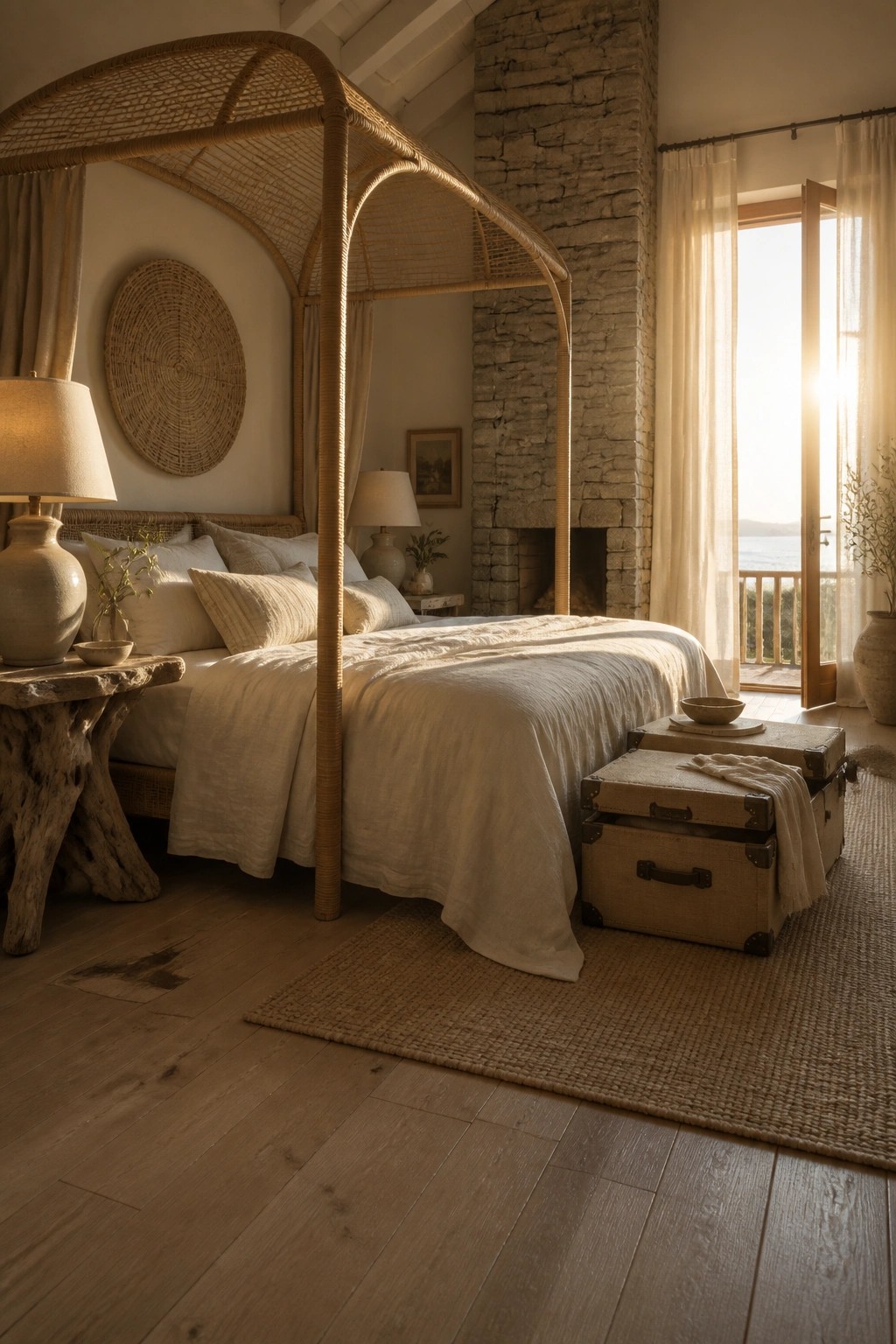 A bedroom featuring a woven rattan canopy bed with white linen bedding, a stone fireplace to the right, wooden floors, and an open door letting in sunlight.
