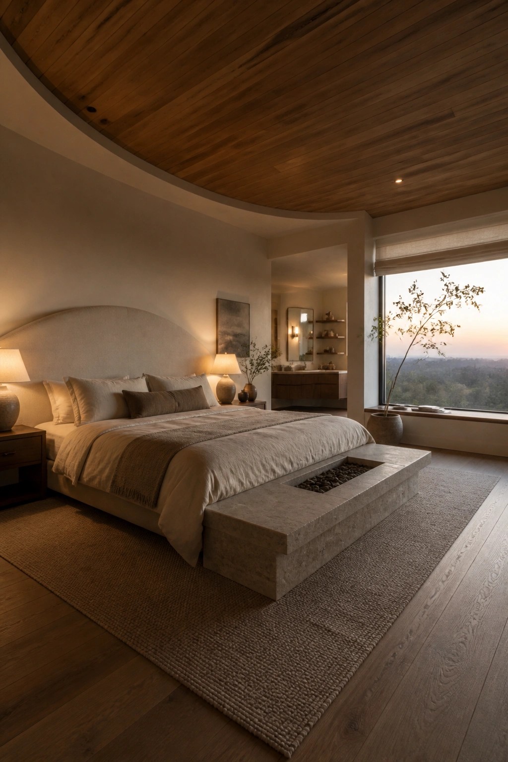 A bedroom featuring a large curved upholstered headboard, neutral linen bedding, a stone bench with a recessed pebble section at the foot of the bed, wood ceiling, and a large window with an outdoor view.
