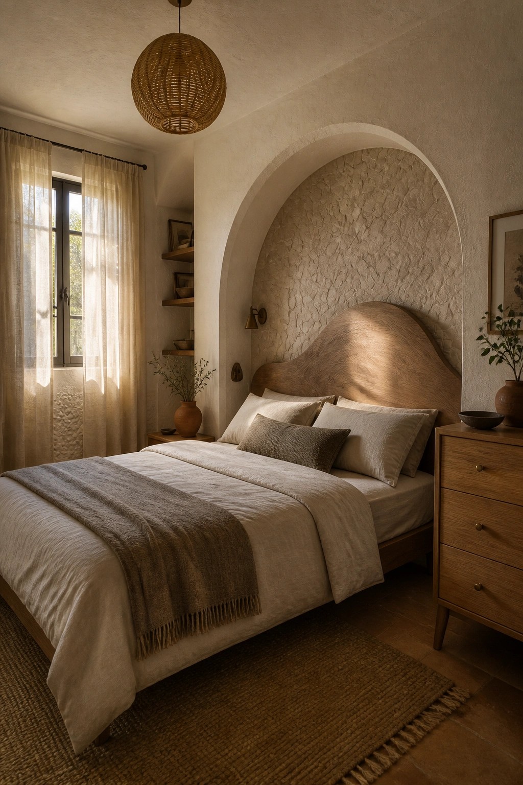 A bedroom featuring a curved wooden headboard set within a textured arched alcove, with a bed dressed in neutral linen bedding and a woven pendant light above.