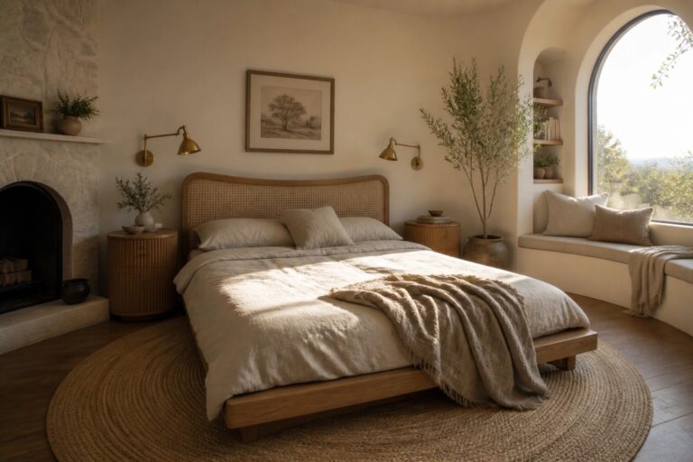 A bedroom with a low wooden platform bed, curved cane headboard, round jute rug, wooden nightstands, stone fireplace on the left, and a large potted tree near an arched window.