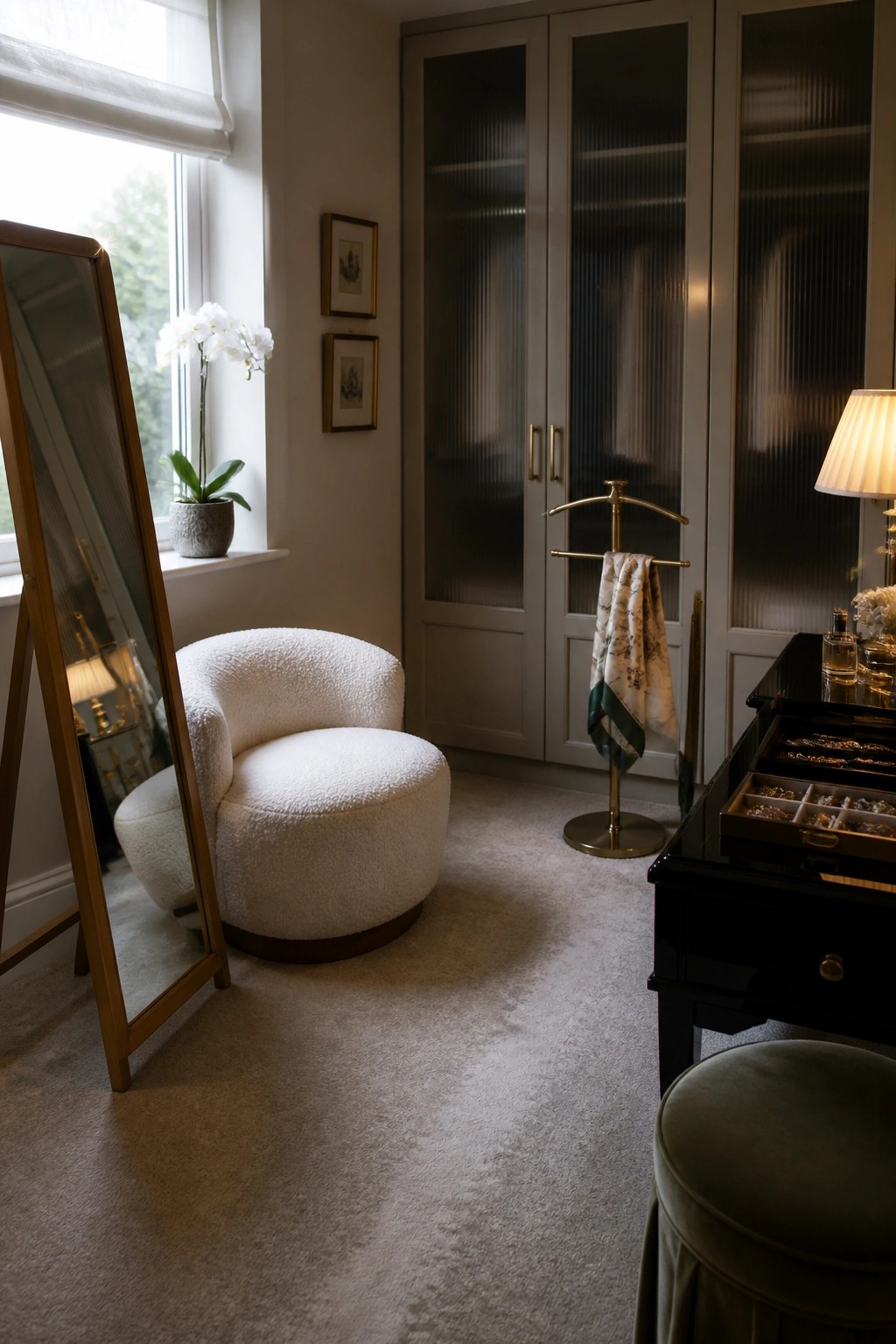 A white boucle armchair sits on light carpet beside a tall mirror and a dark wood vanity, with a gray wardrobe in the background.