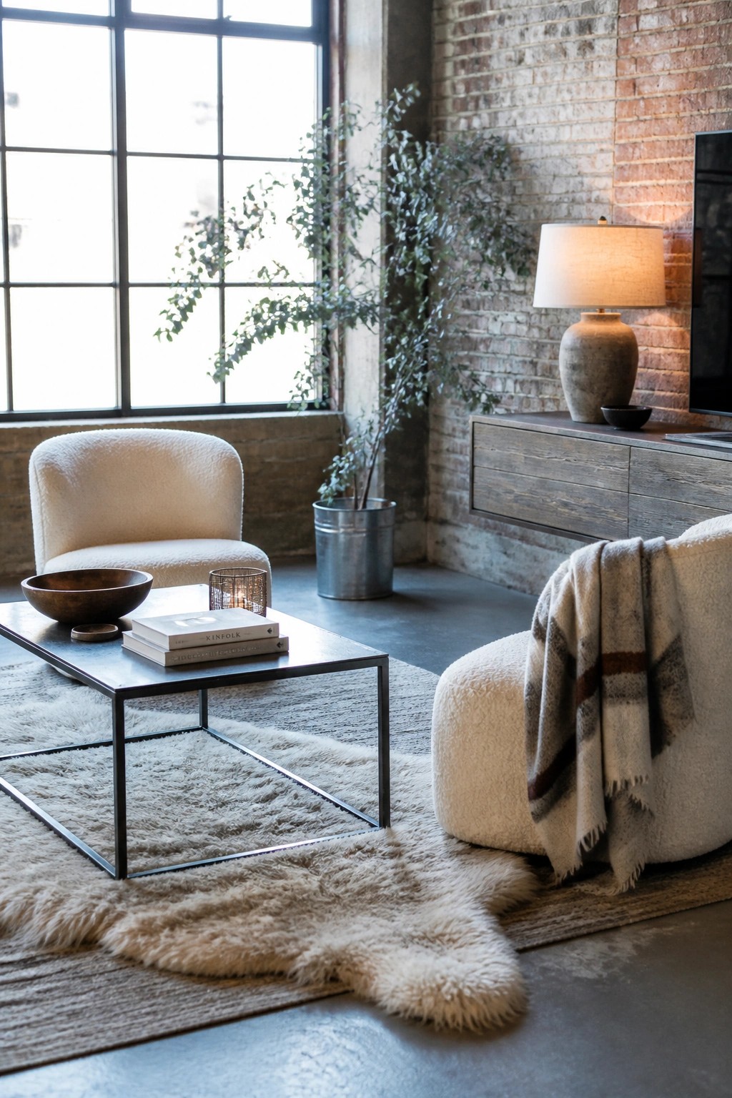A modern living room featuring two white boucle armchairs, a metal coffee table on a shag rug, a brick wall, and a large industrial window.