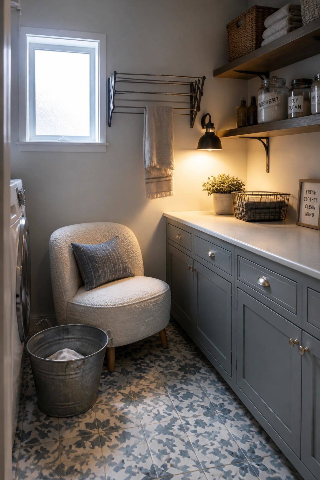 Gray laundry room with patterned floor, bouclé chair, metal bucket, and open shelves.