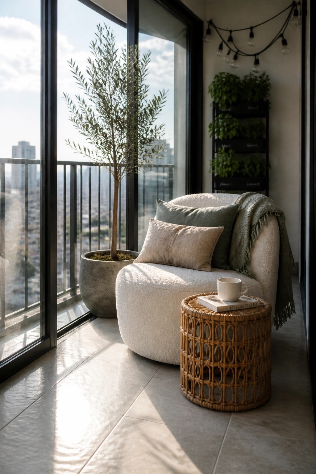 A white boucle armchair with pillows and a throw blanket sits on a balcony next to a potted olive tree and a round wicker side table holding a cup and book.