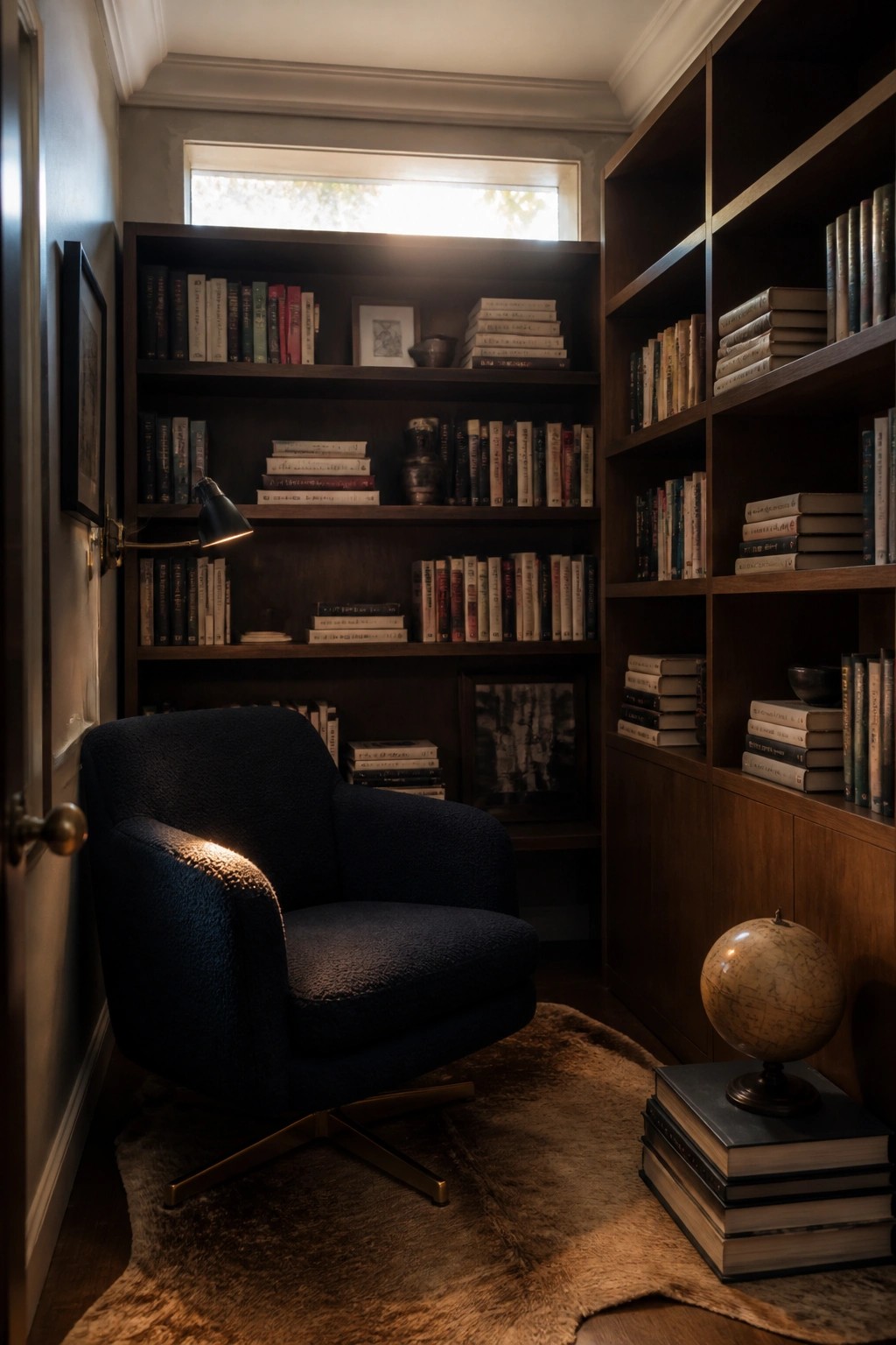 A blue boucle armchair on a swivel base sits on a fur rug in front of dark wooden bookshelves filled with books under a small window.