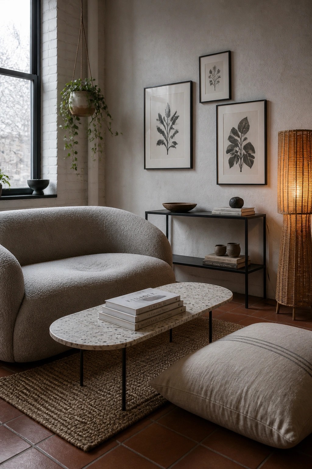 A neutral living room with a large rounded boucle armchair, a terrazzo coffee table holding stacked books, and a black console table against a textured wall with framed botanical prints.