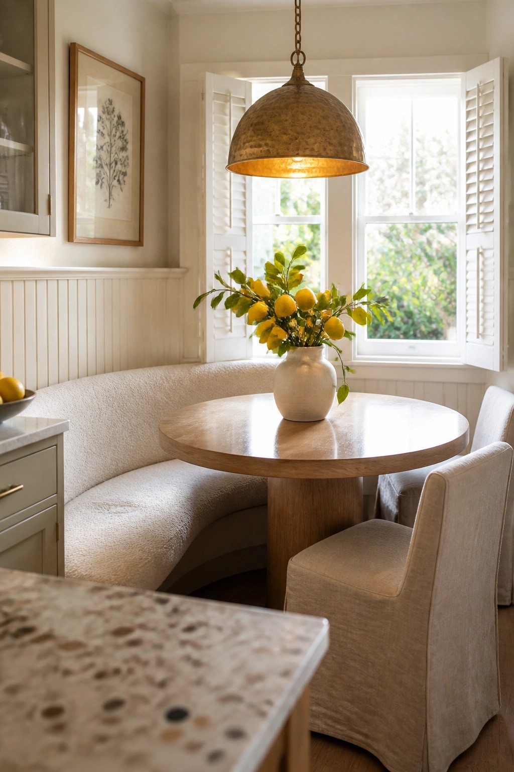Round wooden table with lemon vase in sunlit nook with banquette and pendant light.