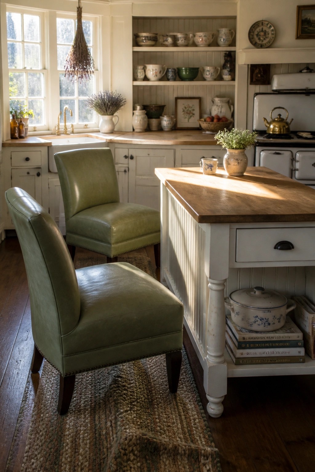 Two green leather chairs sit at a white kitchen island with a wooden top in a bright room with white cabinets and open shelving.