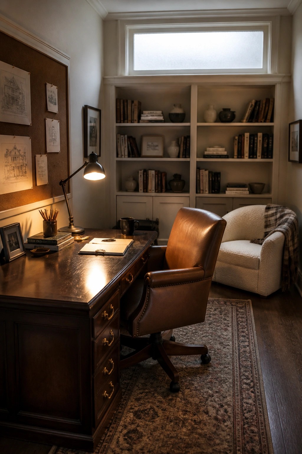A home office featuring a brown leather swivel chair pulled up to a dark wood desk, with bookshelves and a white armchair visible in the background.