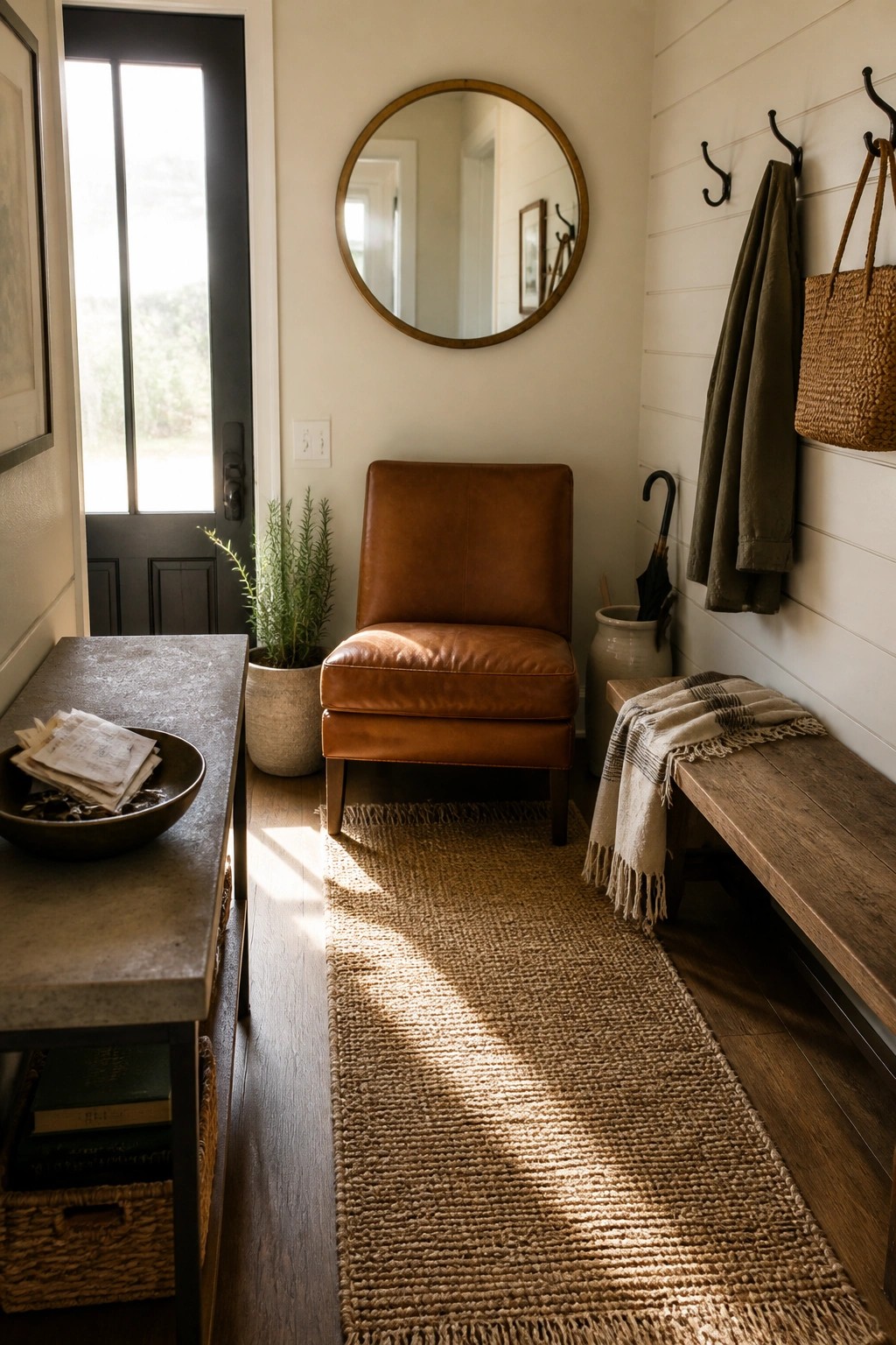 A brown leather chair placed in a narrow white entryway with a wooden bench, coat hooks, and a jute runner on the floor.