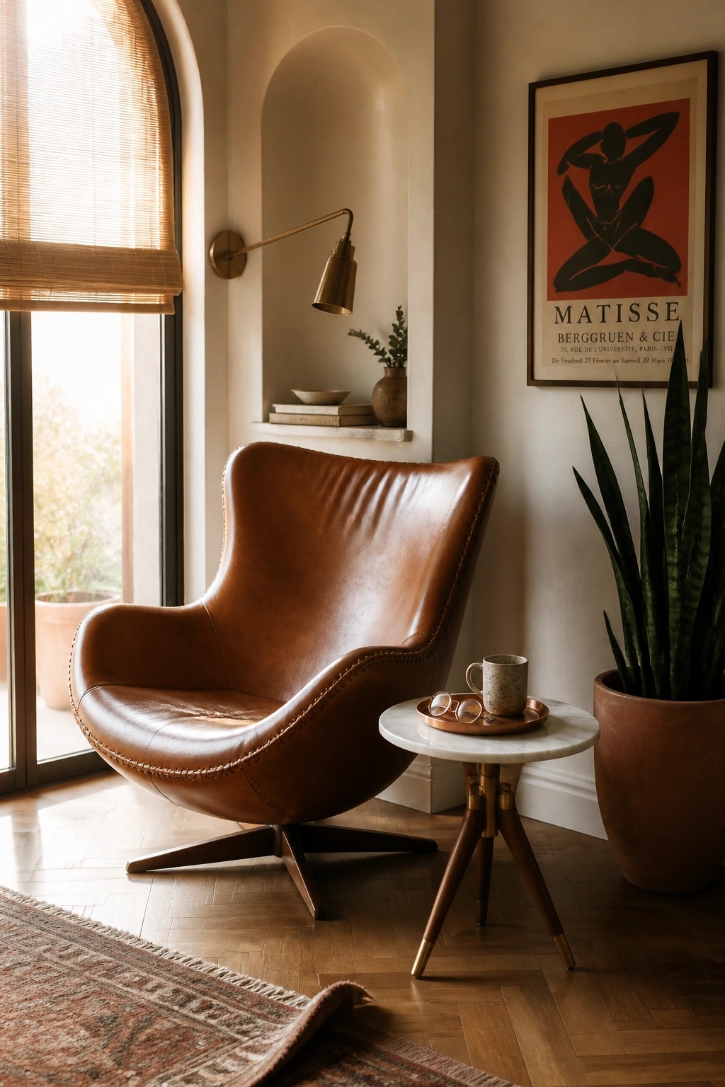 A brown leather swivel chair sits beside a marble side table in a sunlit room with a large window and houseplants.