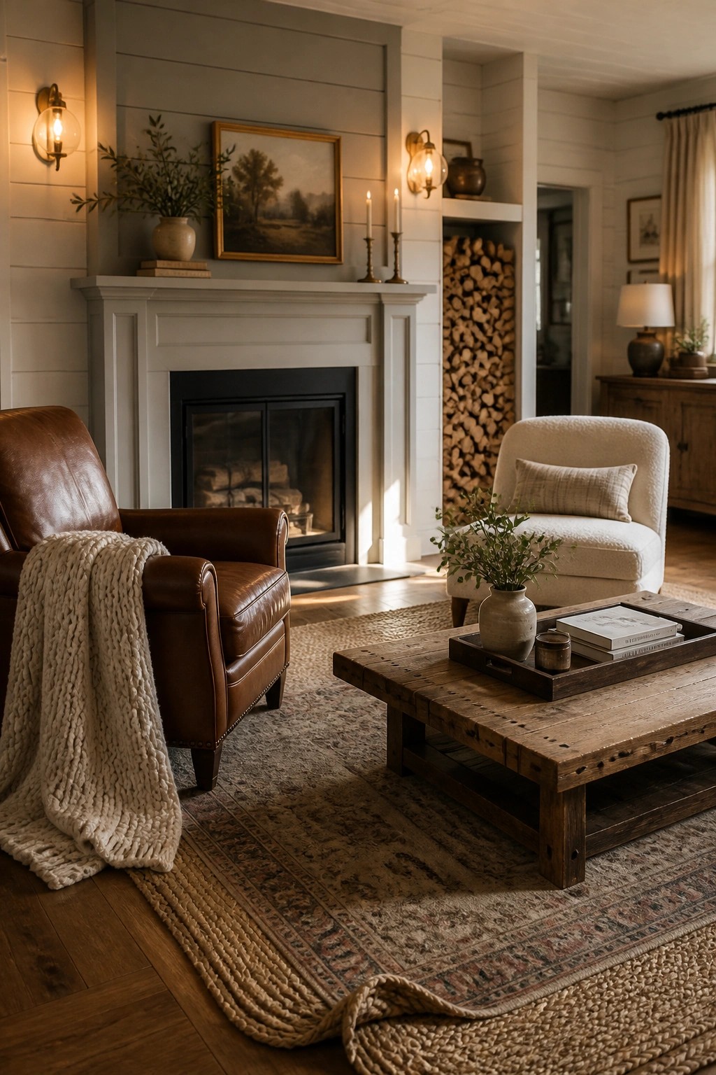A living room featuring a brown leather armchair with a throw blanket beside a white boucle armchair, both positioned around a rustic wooden coffee table in front of a white fireplace.