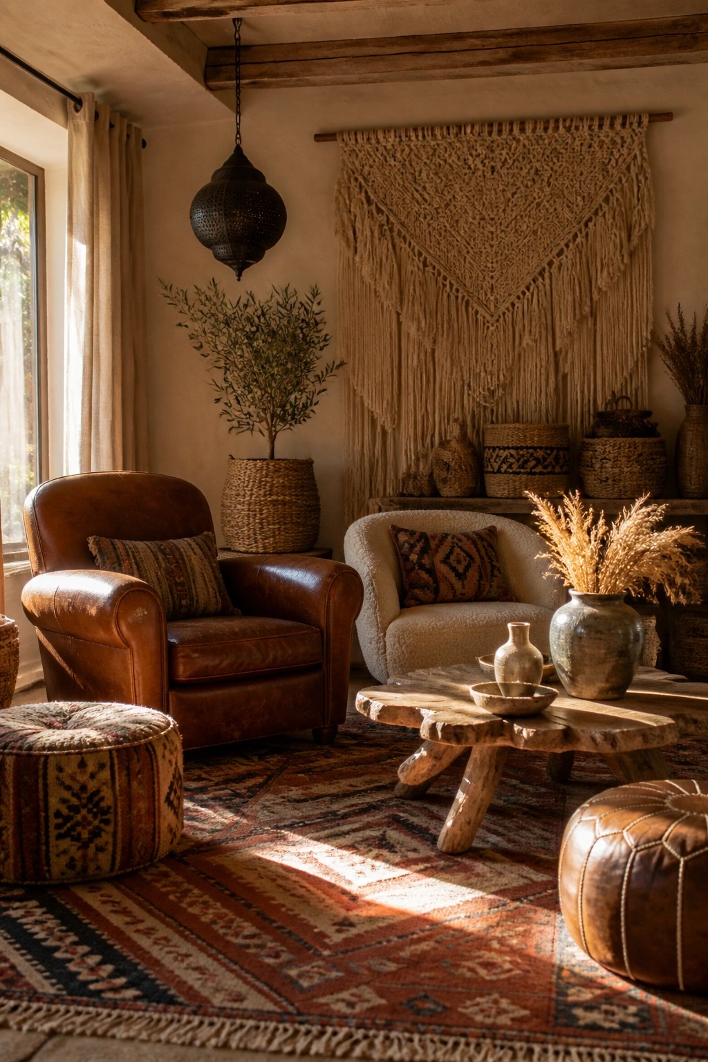 A living room featuring a brown leather armchair, a white textured upholstered chair, a rustic wooden coffee table, patterned poufs, and a large macrame wall hanging.